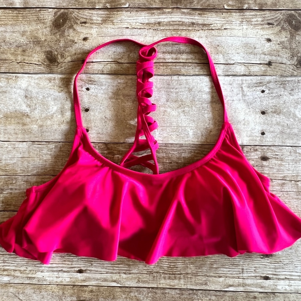 Hot Pink Flounce Ruffle Bikini Top Strappy Lattice Back Swim Separate Womens - Picture 7 of 9